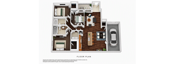 A floor plan of a house with a garage and a car.
