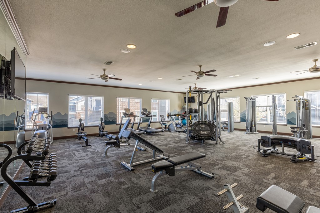 a gym with weights and other exercise equipment and windows