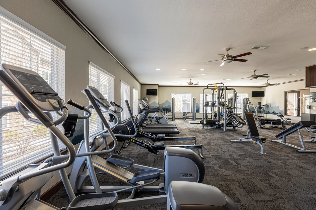 the fitness center has cardio equipment and treadmills in the gym