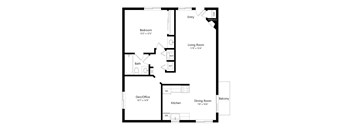 A floor plan of a house with a den/office, kitchen, dining room, living room, and two bathrooms.