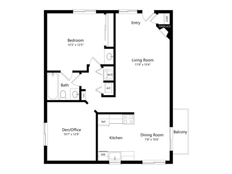 A floor plan of a house with a den/office, kitchen, dining room, living room, and two bathrooms.