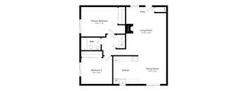 A floor plan of a home with a living room, two bedrooms, a bathroom, a kitchen, and a dining room.