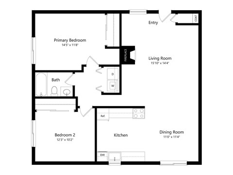 A floor plan of a home with a living room, two bedrooms, a bathroom, a kitchen, and a dining room.