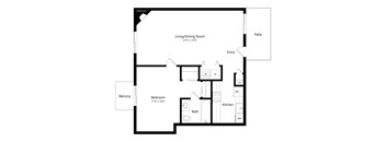 A black and white image of a floor plan for a house with a living/dining room, kitchen, bath, bedroom, and balcony.