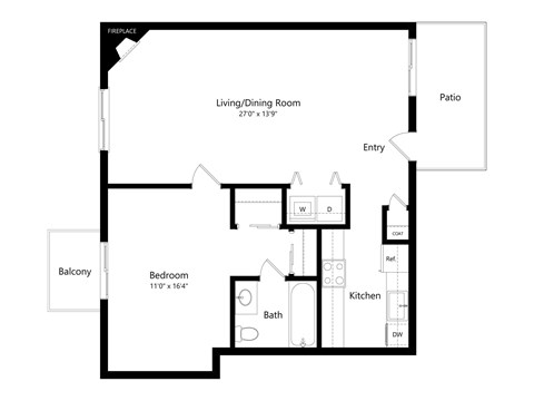 A black and white image of a floor plan for a house with a living/dining room, kitchen, bath, bedroom, and balcony.