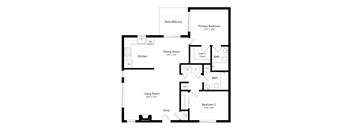 A floor plan of a home with a living room, dining room, kitchen, two bedrooms, and a patio/balcony.