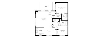 A black and white floor plan of a house with a living room, dining room, kitchen, two bedrooms, a patio, and an entry.