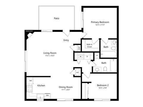 A black and white floor plan of a house with a living room, dining room, kitchen, two bedrooms, a patio, and an entry.