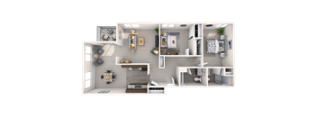 a 3d rendering of a bedroom floor plan of a 2100 sq ft apartment