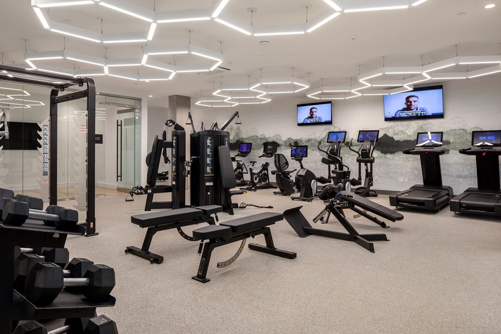 a large fitness room with treadmills and other exercise equipment