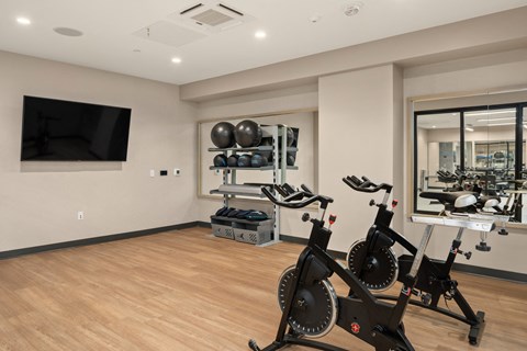 a gym with exercise equipment and a tv on the wall
