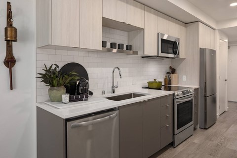 a kitchen with stainless steel appliances and a sink