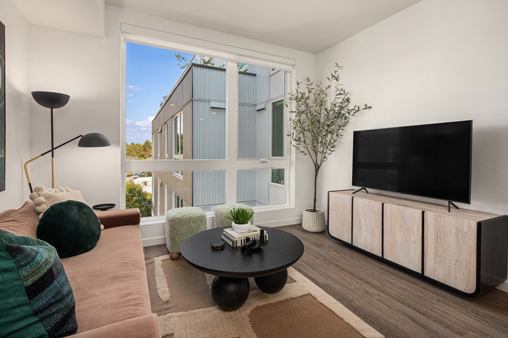 a living room with a couch and a tv