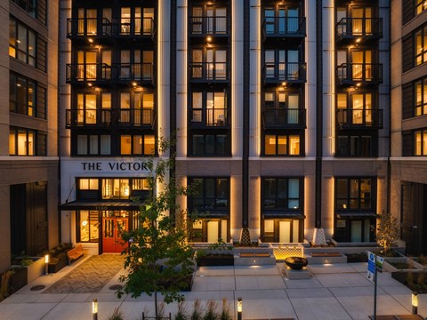 the victory entrance to the victory building at night