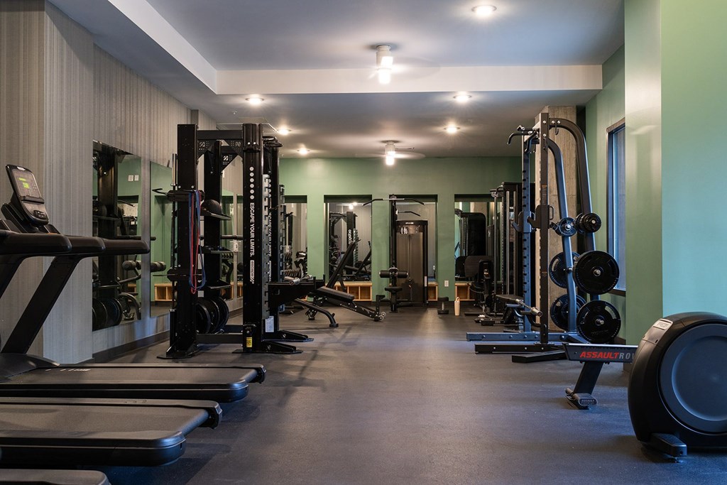 A gym with a variety of equipment including weights and treadmills.