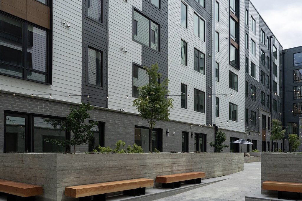 A modern building with a row of trees in front.