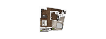 A top-down view of a house layout with a living room, kitchen, dining area, and bedrooms.