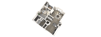 A 3D rendered image of a house layout.