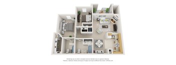 A 3D floor plan of a house with a kitchen, living room, and bathrooms.
