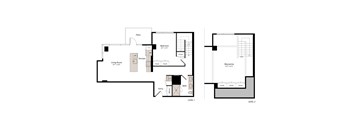 A floor plan of a two level home with a living room, kitchen, bedrooms and bathrooms.