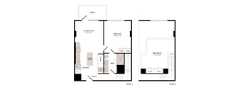 A floor plan of a two level home with a living room, bedroom, bathroom, and kitchen.