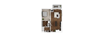 A top-down view of a room with a bed, a couch, a desk, and a kitchenette.