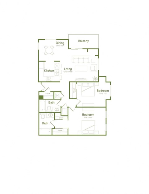 The Willow 1,019 Sq.Ft. Floor Plan at Wood Creek Apartments, Pleasant Hill