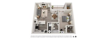 A floor plan of an apartment with a living room, dining room, kitchen, and bedrooms.