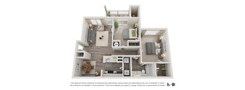A floor plan of a two-bedroom apartment with a living room, kitchen, and bathroom.