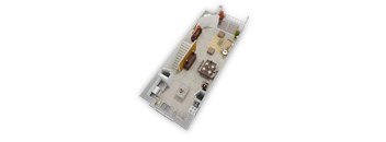 A top-down view of a house layout with a living room, dining room, kitchen, and two bedrooms.