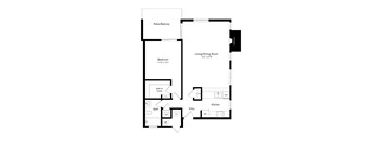 A floor plan of a house with a living area, kitchen, bathroom, bedroom and patio.