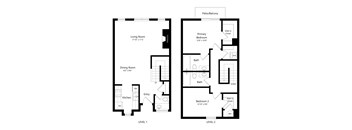 A black and white diagram of a two level home with labeled rooms.