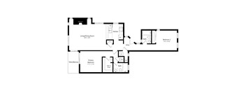A floor plan of a house with a living/dining room, kitchen, two bathrooms, and two bedrooms.