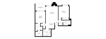 A floor plan of a house with a living room, two bedrooms, a dining room, a kitchen, and a patio/balcony.