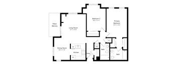 A black and white floor plan of a house with a living room, dining room, kitchen, two bathrooms, and two bedrooms.