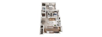 A top-down view of a small apartment with a kitchen, living room, and bedroom.