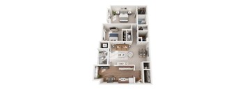 A top-down view of a small apartment layout with a kitchen, living room, and bedroom.