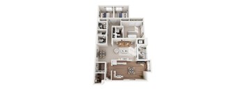 A detailed 3D floor plan of a modern apartment.