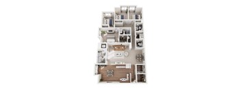 A top-down view of a small apartment with a kitchen, living room, and bedroom.