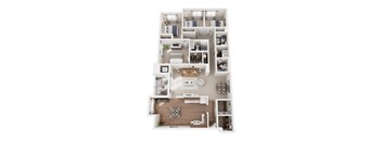 A top-down view of a small apartment with a kitchen, living room, and bedroom.