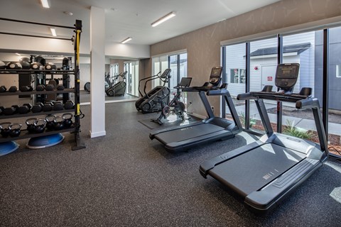 Spacious gym with treadmills, elliptical machines, and dumbbells at The Arvon, Vancouver