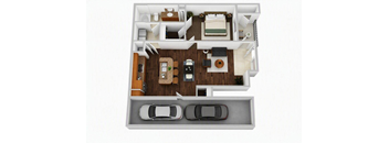 A top down view of a house with two cars parked in the driveway.