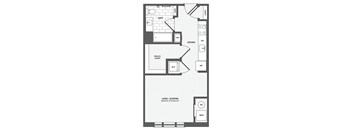 A floor plan of a small apartment with a living room, kitchen, bathroom, and bedroom.
