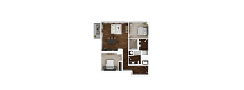 A top-down view of a house layout with a living room, two bedrooms, a kitchen, and a bathroom.