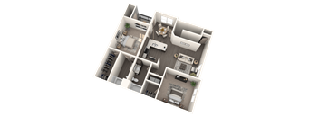 A 3D floor plan of a house with multiple rooms and furniture.