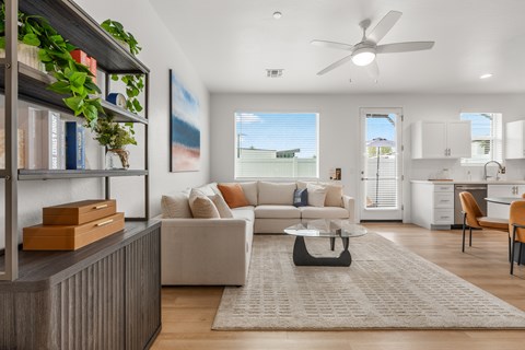 A living room with a white couch and a grey rug.