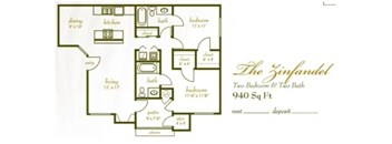 A floor plan for a property named The Sinfandel shows two bedrooms and two baths.