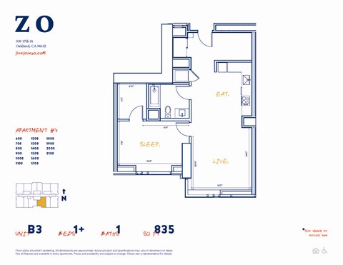 B3 608 sf Floor Plan