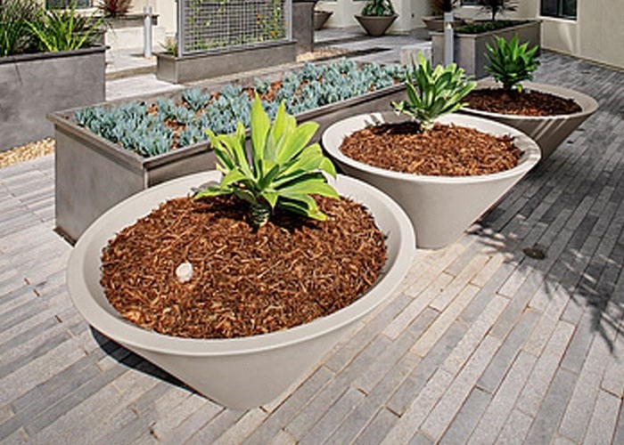 a row of white planters with plants in them