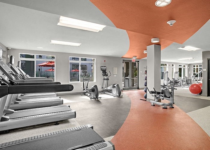 a gym with treadmills and other exercise equipment